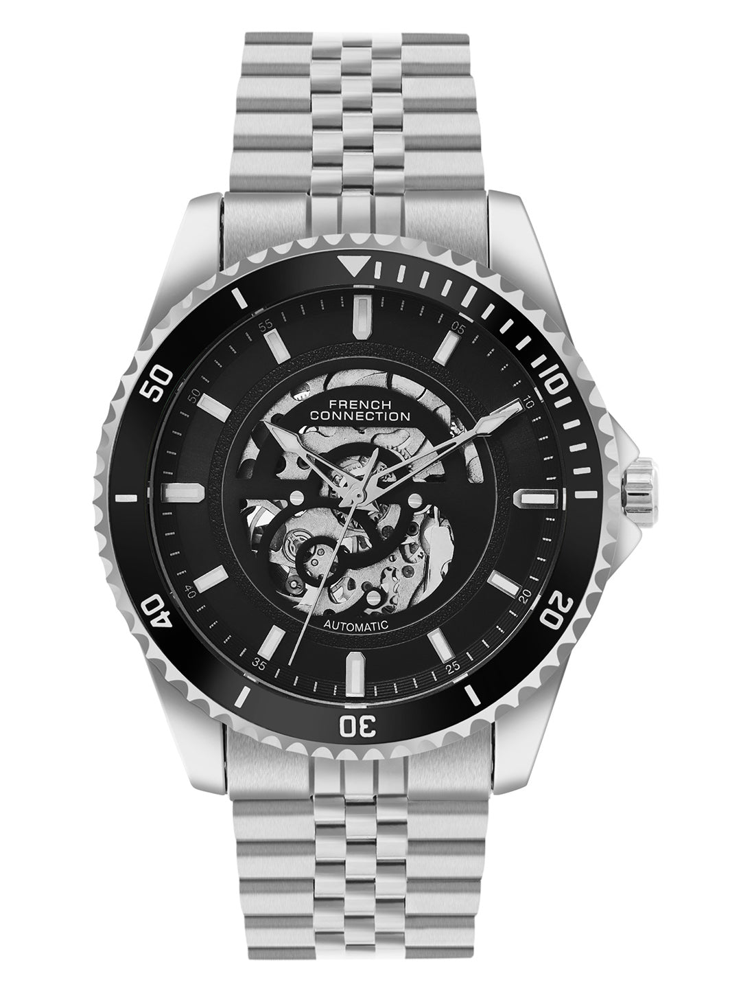French Connection Aether Drive Men's Automatic Skeleton Watch with Black Sunray Dial, Silver Stainless Steel Bracelet & Exhibition Case Back – FCA26BSM