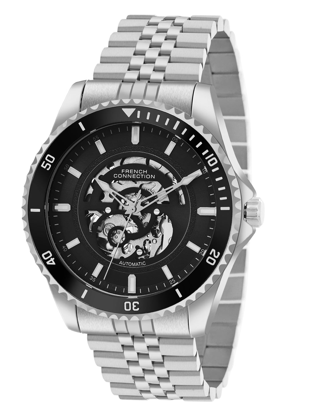 French Connection Aether Drive Men's Automatic Skeleton Watch with Black Sunray Dial, Silver Stainless Steel Bracelet & Exhibition Case Back – FCA26BSM