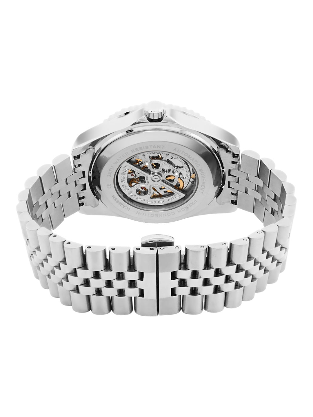 French Connection Aether Drive Men's Automatic Skeleton Watch with Black Sunray Dial, Silver Stainless Steel Bracelet & Exhibition Case Back – FCA26BSM