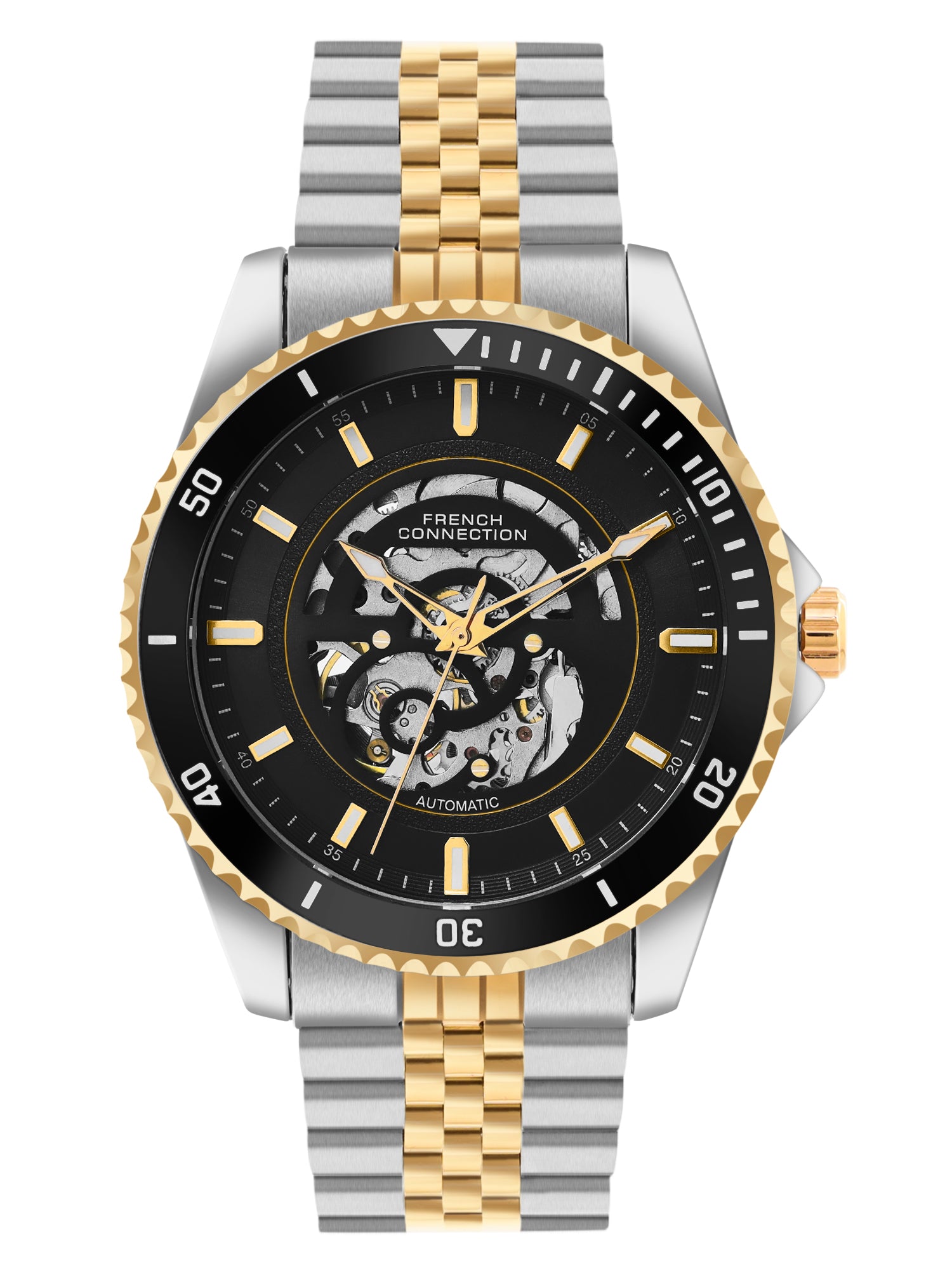 French Connection Aether Drive Men's Automatic Skeleton Watch with Black Sunray Dial, Two-Tone Gold & Silver Stainless Steel Bracelet – FCA26BTM