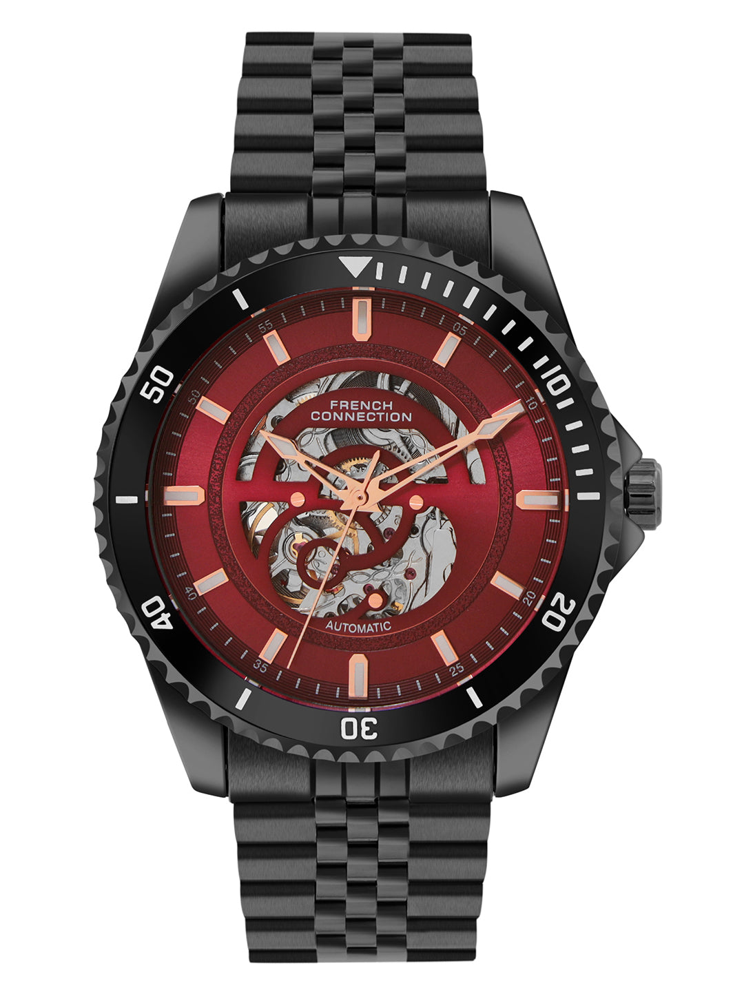 French Connection Aether Drive Men's Automatic Skeleton Watch with Burgundy Sunray Dial, Black Stainless Steel Bracelet & Exhibition Case Back – FCA26MBM