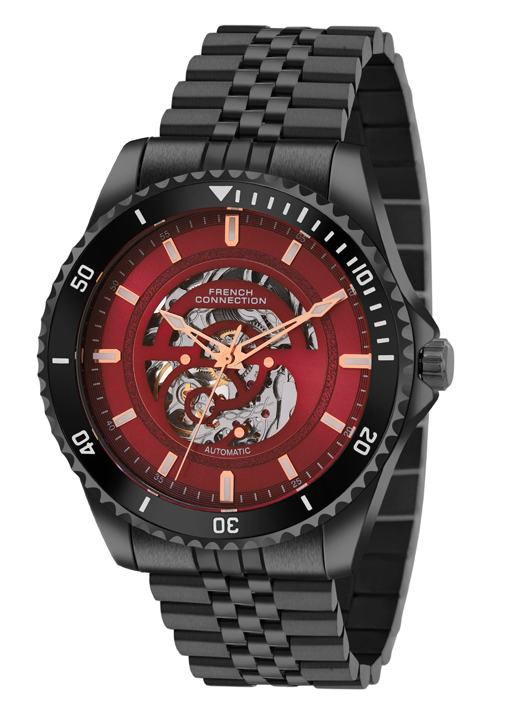 French Connection Aether Drive Men's Automatic Skeleton Watch with Burgundy Sunray Dial, Black Stainless Steel Bracelet & Exhibition Case Back – FCA26MBM