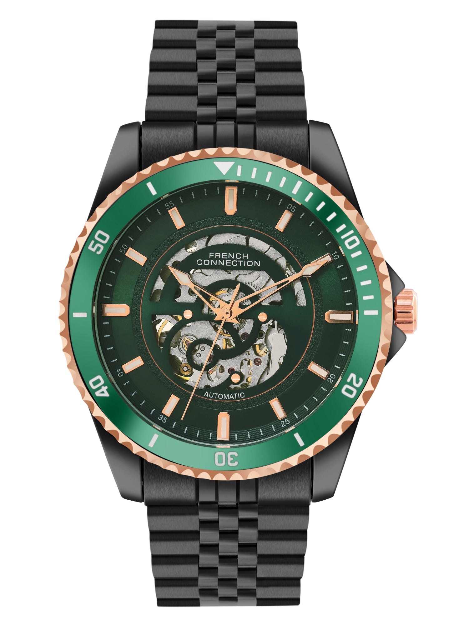 French Connection Aether Drive Men's Automatic Skeleton Watch with Green Sunray Dial, Black Stainless Steel Bracelet & Exhibition Case Back – FCA26NBM