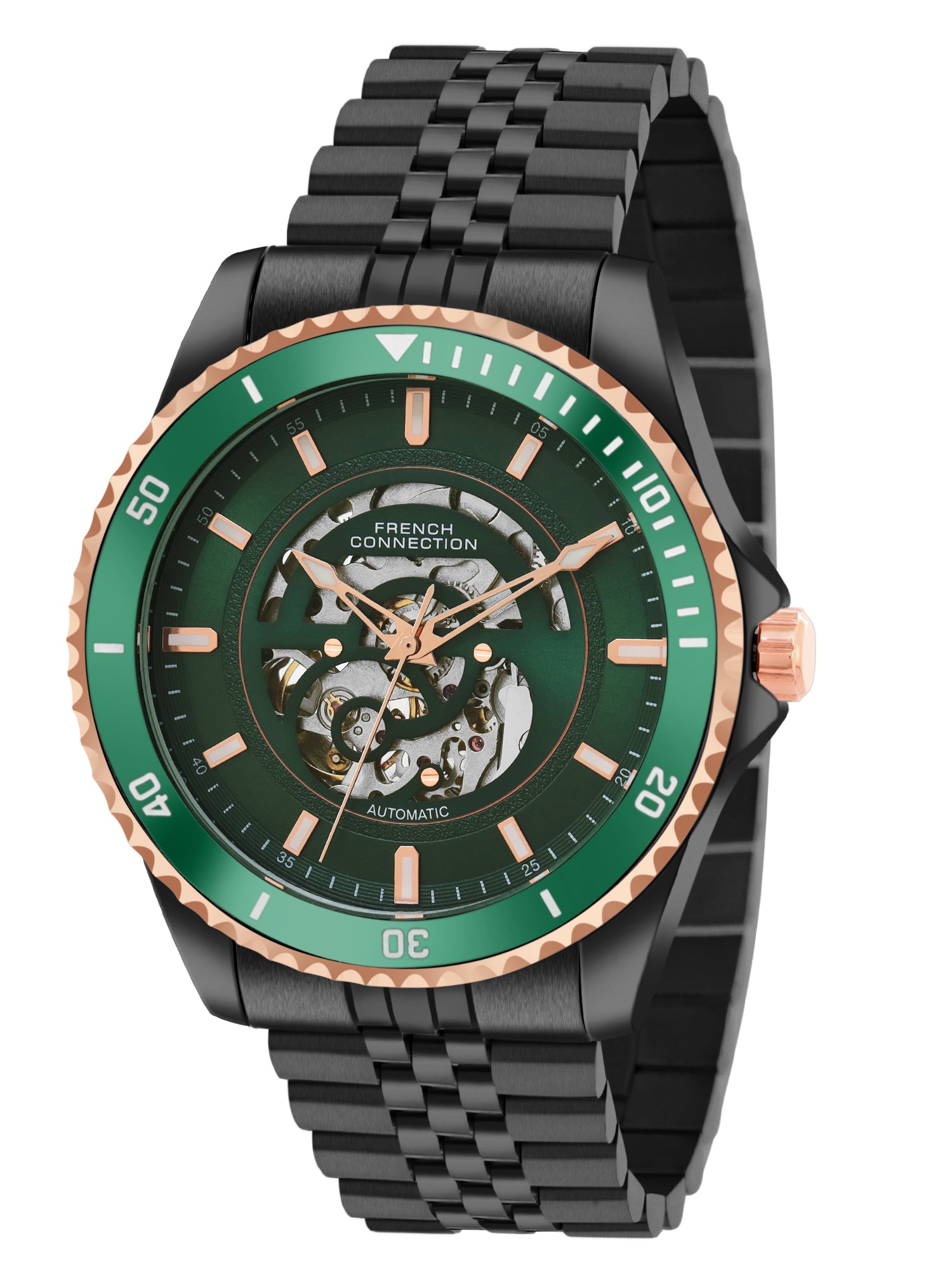 French Connection Aether Drive Men's Automatic Skeleton Watch with Green Sunray Dial, Black Stainless Steel Bracelet & Exhibition Case Back – FCA26NBM