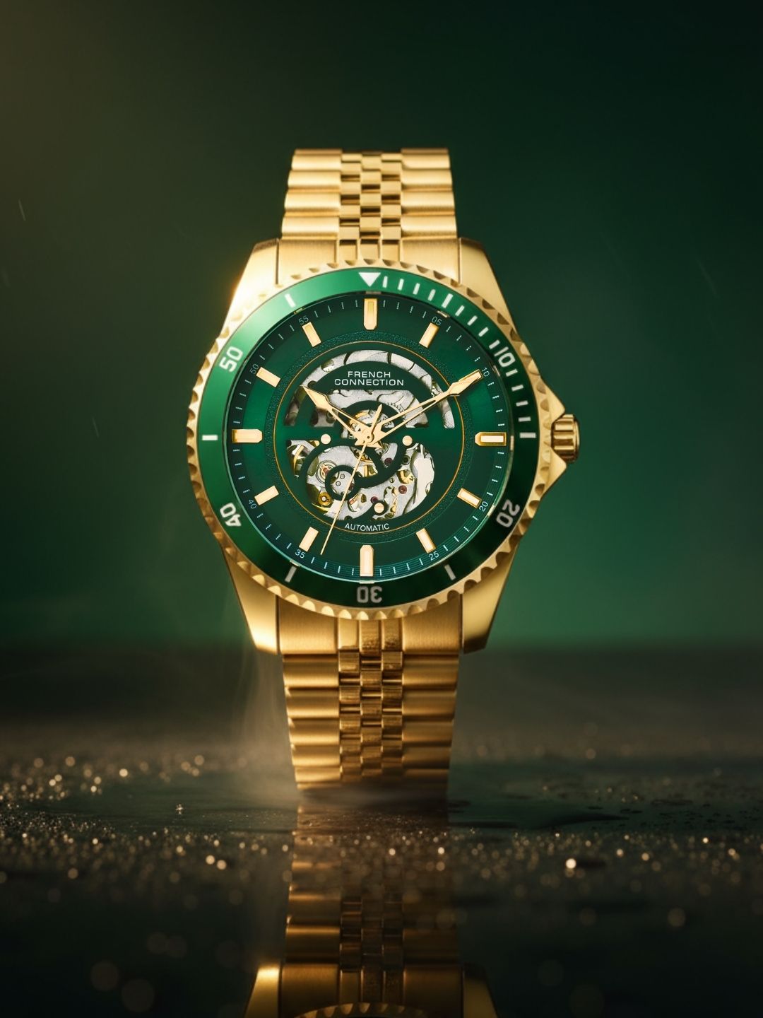 French Connection Aether Drive Men's Automatic Skeleton Watch with Green Sunray Dial, Gold Stainless Steel Bracelet & Exhibition Case Back – FCA26NGM