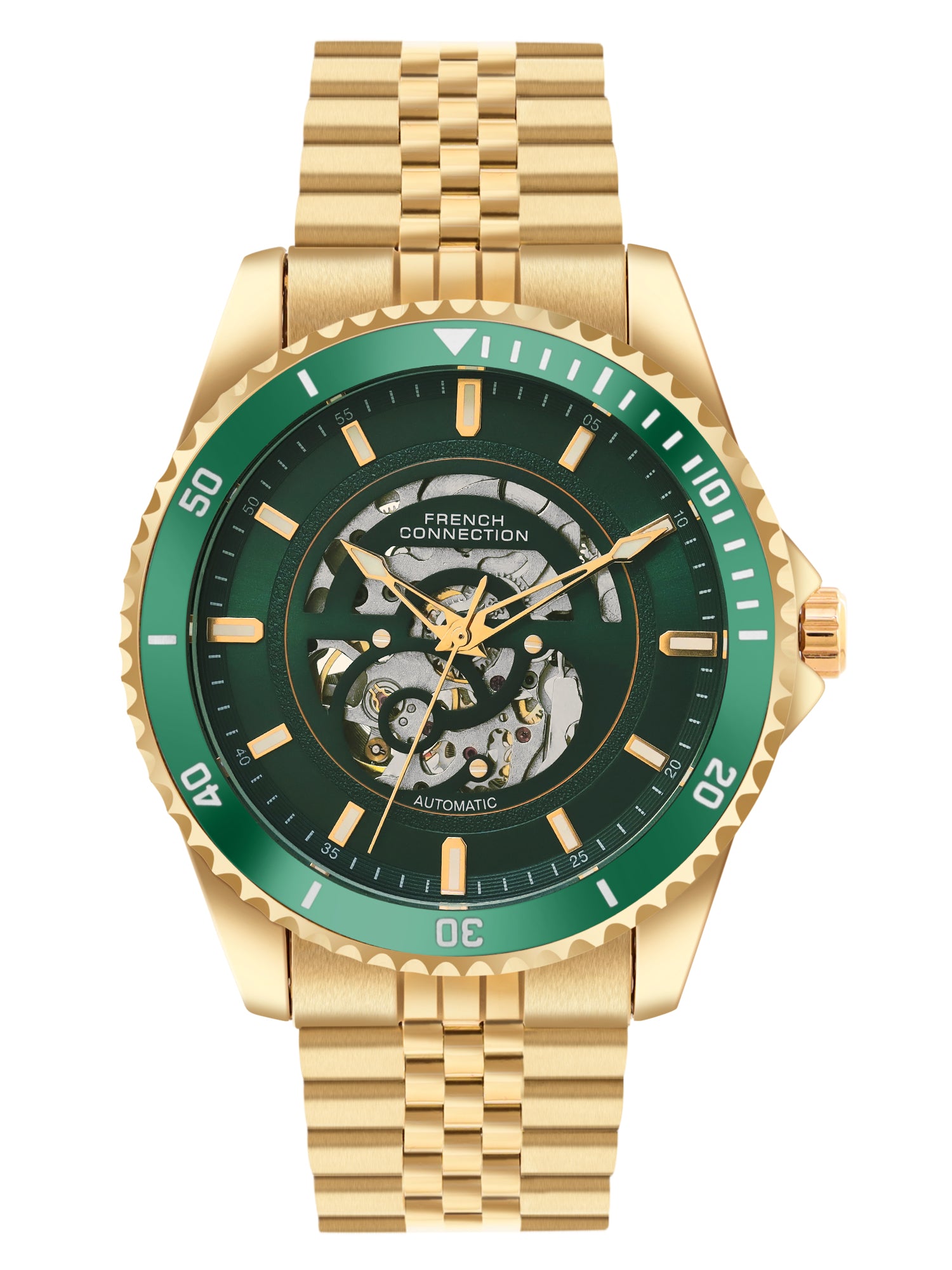 French Connection Aether Drive Men's Automatic Skeleton Watch with Green Sunray Dial, Gold Stainless Steel Bracelet & Exhibition Case Back – FCA26NGM