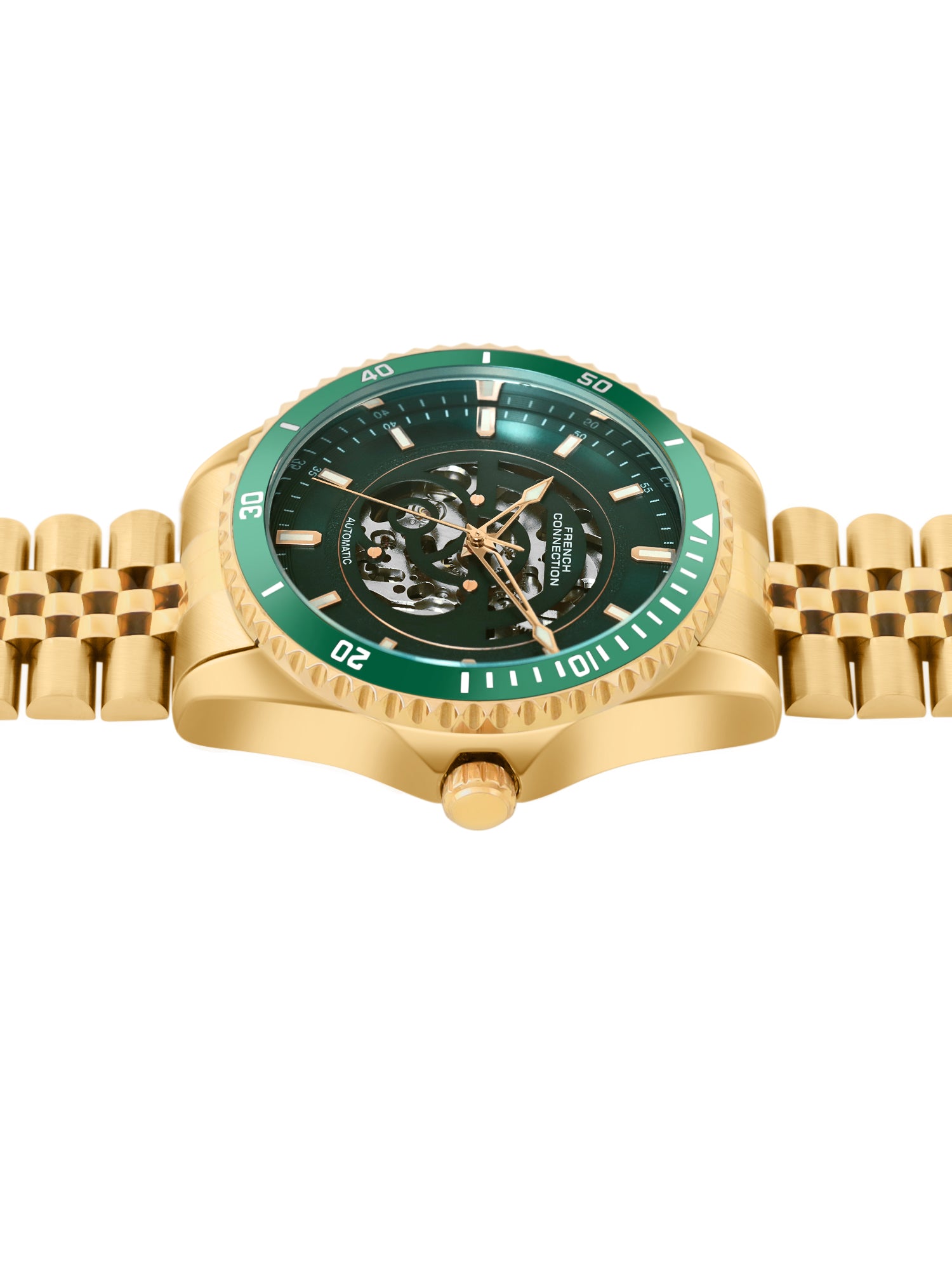 French Connection Aether Drive Men's Automatic Skeleton Watch with Green Sunray Dial, Gold Stainless Steel Bracelet & Exhibition Case Back – FCA26NGM