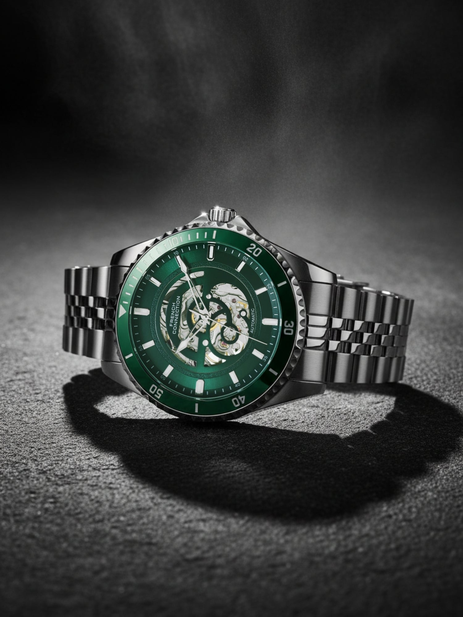 French Connection Aether Drive Men's Automatic Skeleton Watch with Green Sunray Dial, Silver Stainless Steel Bracelet & Exhibition Case Back – FCA26NSM
