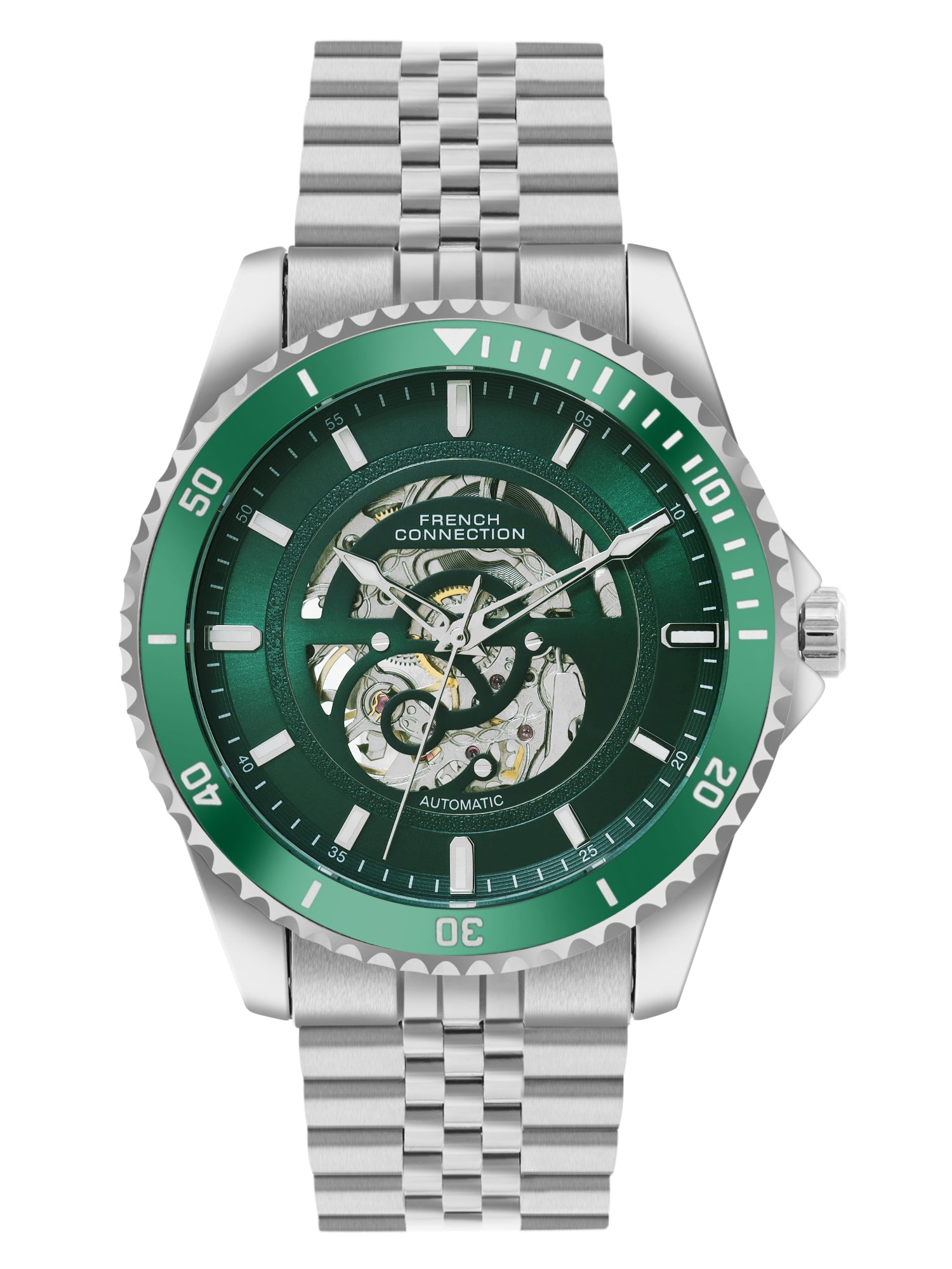 French Connection Aether Drive Men's Automatic Skeleton Watch with Green Sunray Dial, Silver Stainless Steel Bracelet & Exhibition Case Back – FCA26NSM