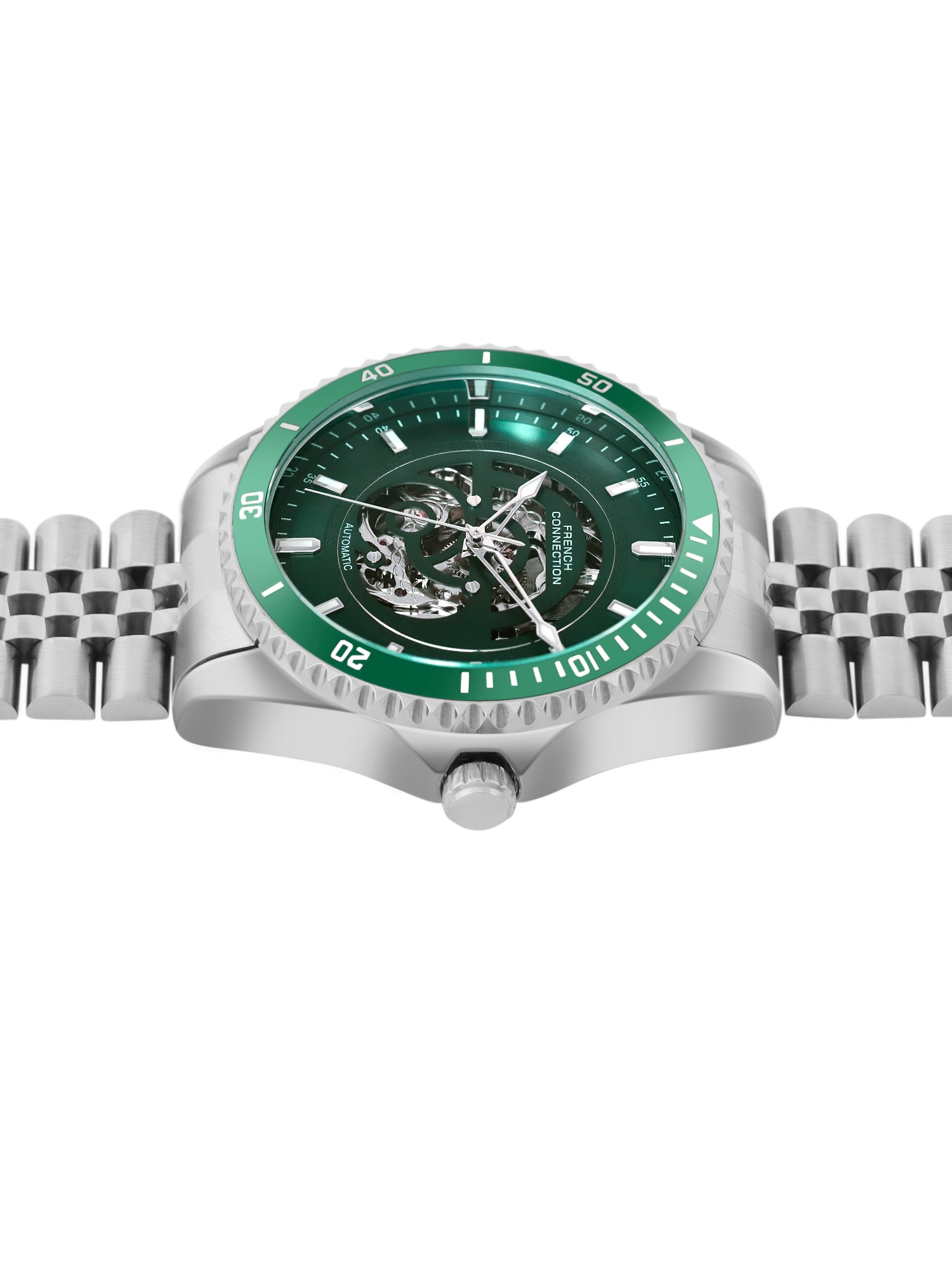 French Connection Aether Drive Men's Automatic Skeleton Watch with Green Sunray Dial, Silver Stainless Steel Bracelet & Exhibition Case Back – FCA26NSM