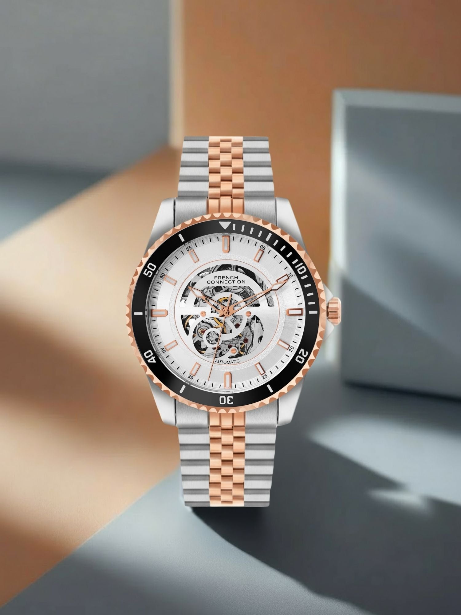 French Connection Aether Drive Men's Automatic Skeleton Watch with White Sunray Dial, Two-Tone Rose Gold & Silver Stainless Steel Bracelet – FCA26SRTM