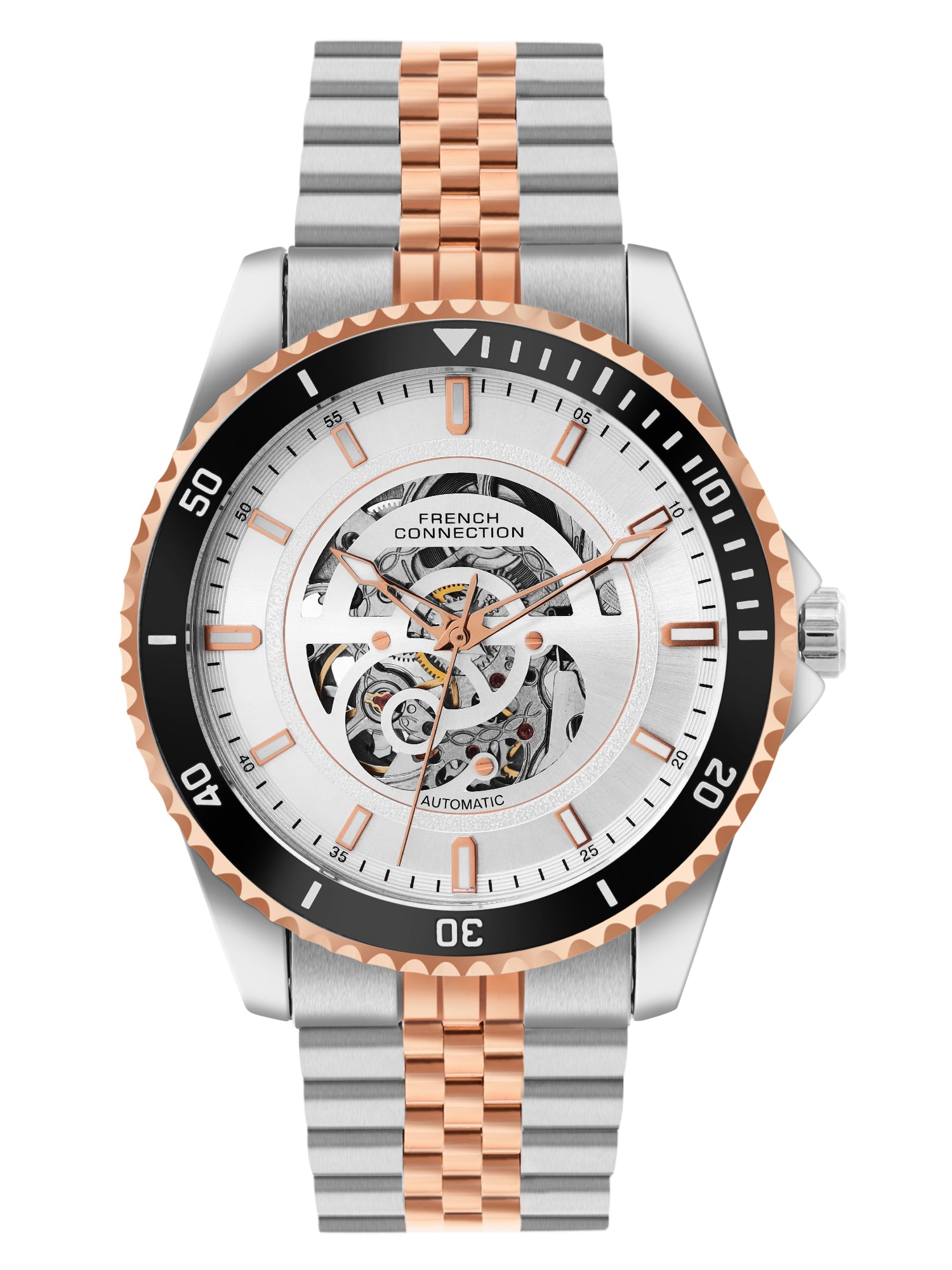 French Connection Aether Drive Men's Automatic Skeleton Watch with White Sunray Dial, Two-Tone Rose Gold & Silver Stainless Steel Bracelet – FCA26SRTM