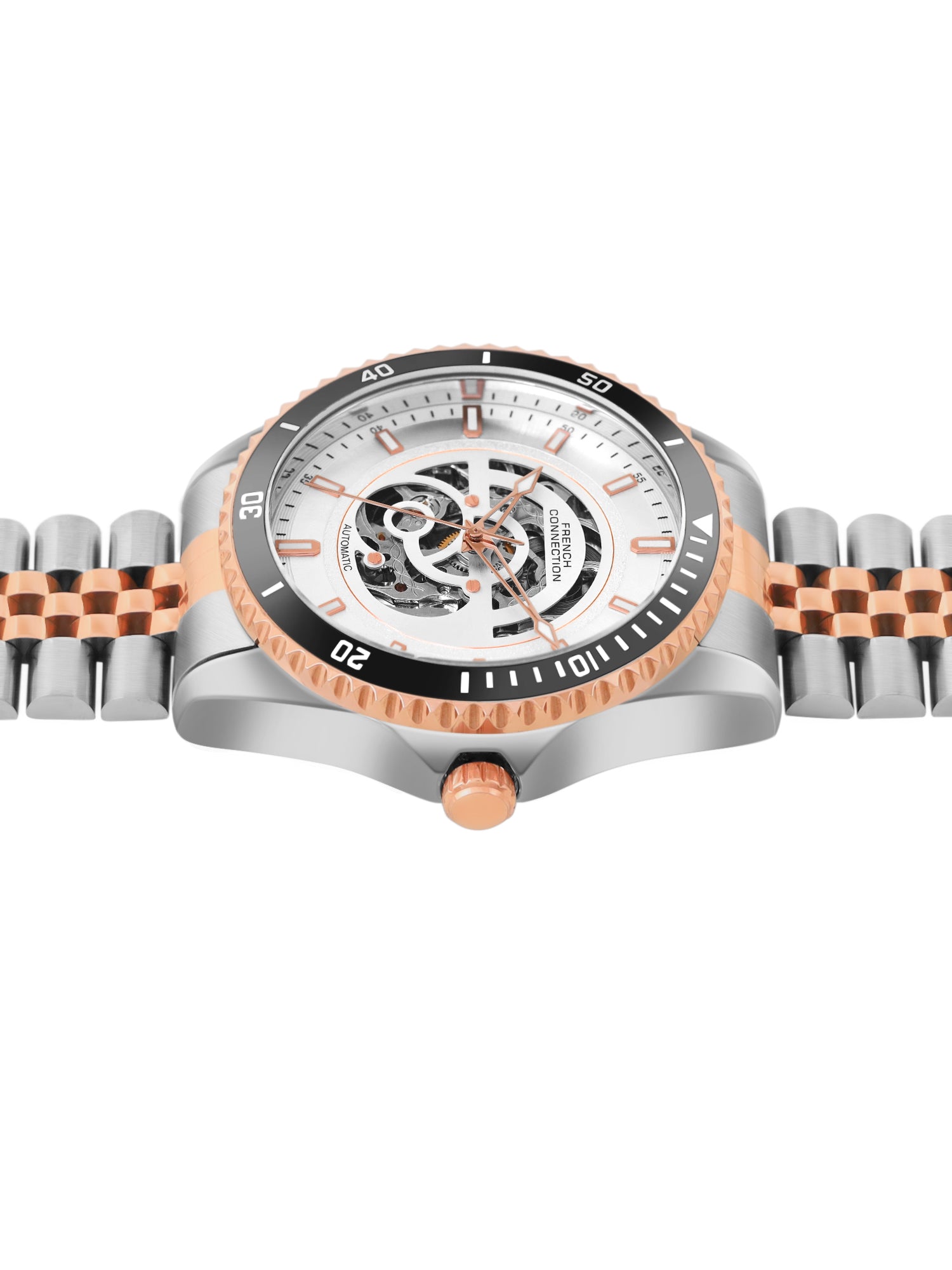 French Connection Aether Drive Men's Automatic Skeleton Watch with White Sunray Dial, Two-Tone Rose Gold & Silver Stainless Steel Bracelet – FCA26SRTM