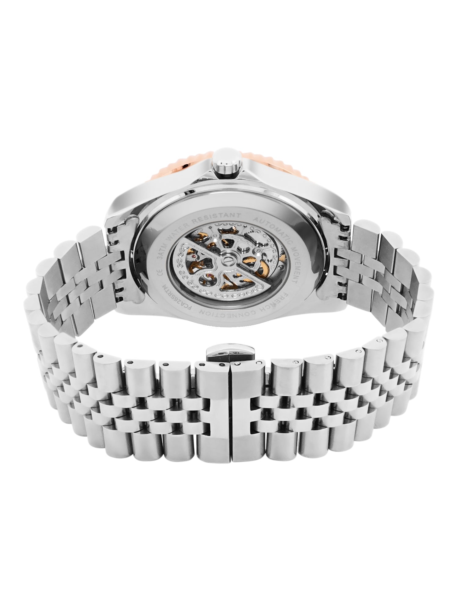French Connection Aether Drive Men's Automatic Skeleton Watch with White Sunray Dial, Two-Tone Rose Gold & Silver Stainless Steel Bracelet – FCA26SRTM