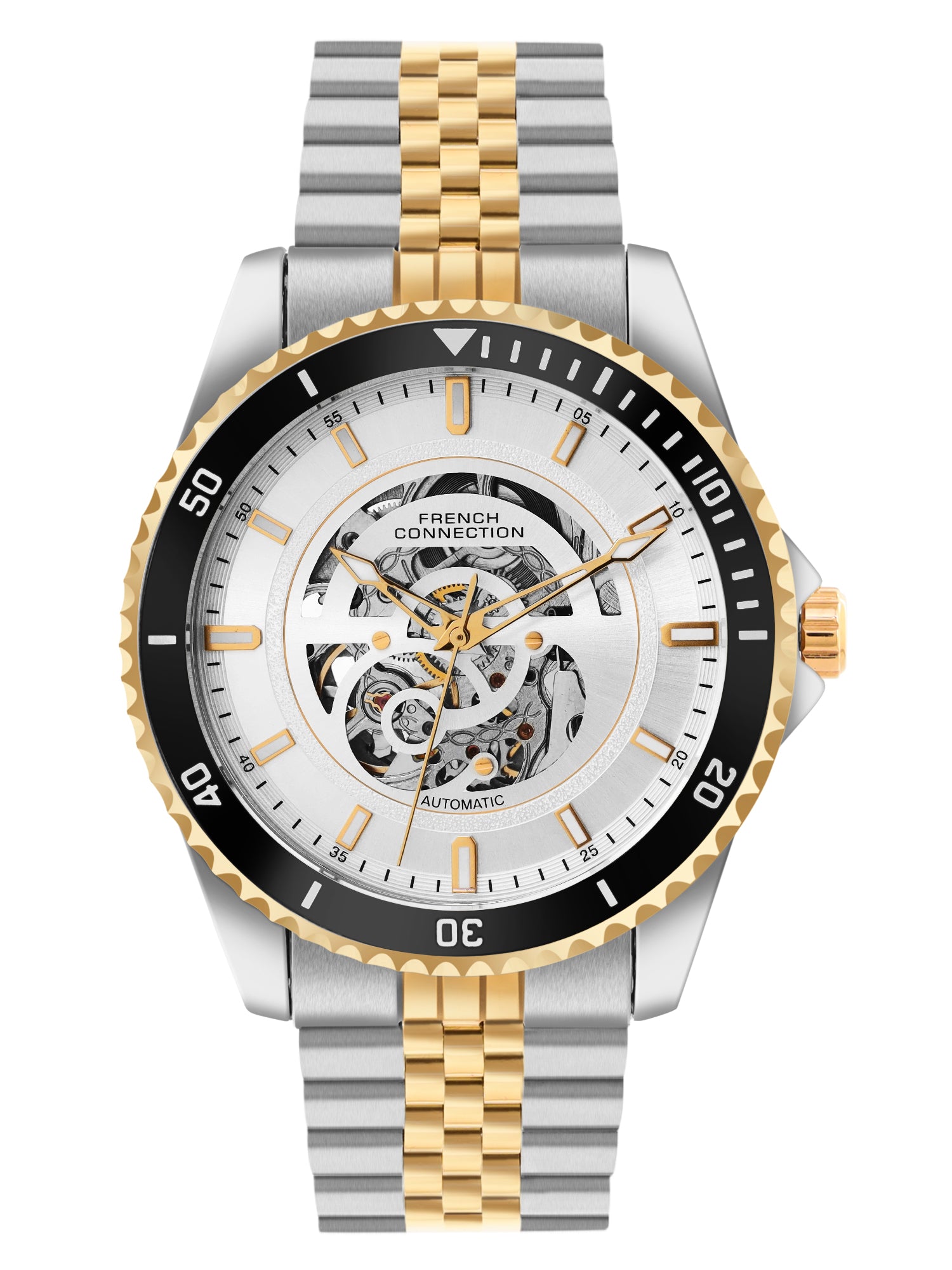 French Connection Aether Drive Men's Automatic Skeleton Watch with White Sunray Dial, Two-Tone Gold & Silver Stainless Steel Bracelet – FCA26STM
