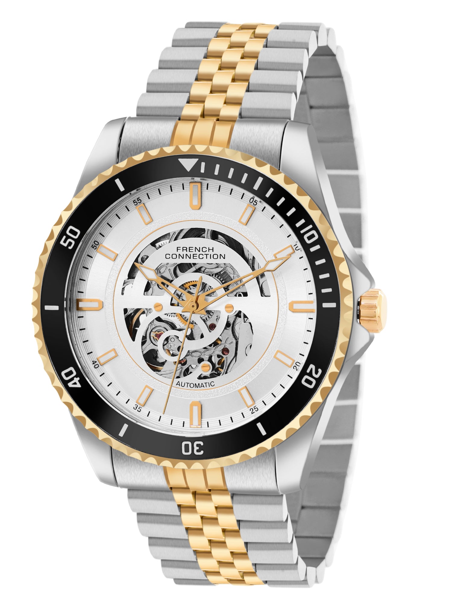 French Connection Aether Drive Men's Automatic Skeleton Watch with White Sunray Dial, Two-Tone Gold & Silver Stainless Steel Bracelet – FCA26STM