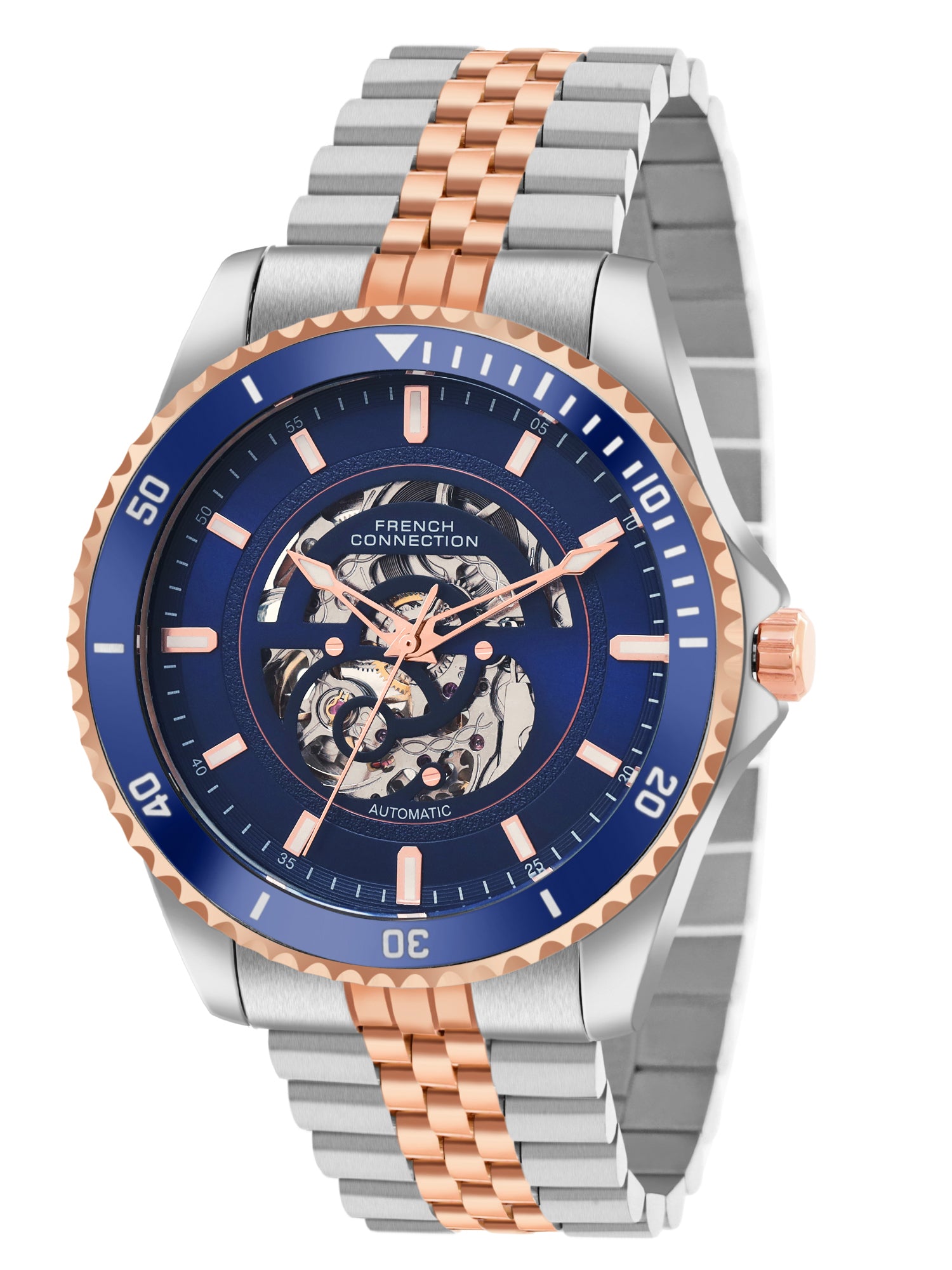 French Connection Aether Drive Men's Automatic Skeleton Watch with Blue Sunray Dial, Two-Tone Rose Gold & Silver Stainless Steel Bracelet – FCA26URTM