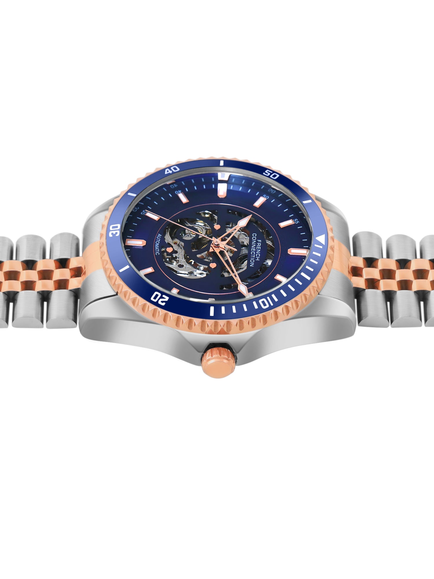French Connection Aether Drive Men's Automatic Skeleton Watch with Blue Sunray Dial, Two-Tone Rose Gold & Silver Stainless Steel Bracelet – FCA26URTM