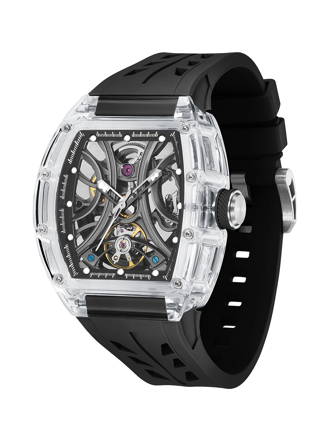 French Connection Stealth Series Limited Edition Men's Automatic Skeleton Watch with Crystal Black Dial, Transparent K9 Crystal Case & Black Silicone Strap - FCA47B