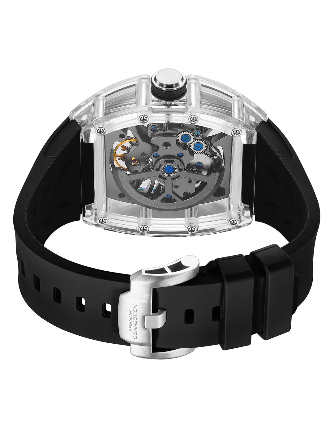 French Connection Stealth Series Limited Edition Men's Automatic Skeleton Watch with Crystal Black Dial, Transparent K9 Crystal Case & Black Silicone Strap - FCA47B
