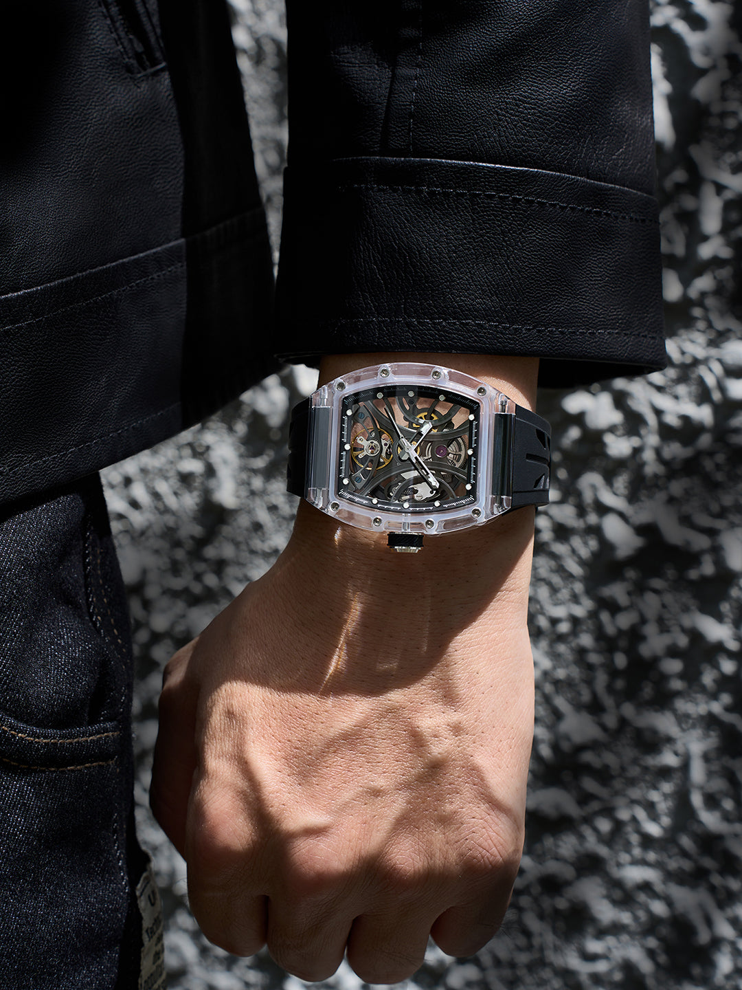 French Connection Stealth Series Limited Edition Men's Automatic Skeleton Watch with Crystal Black Dial, Transparent K9 Crystal Case & Black Silicone Strap - FCA47B