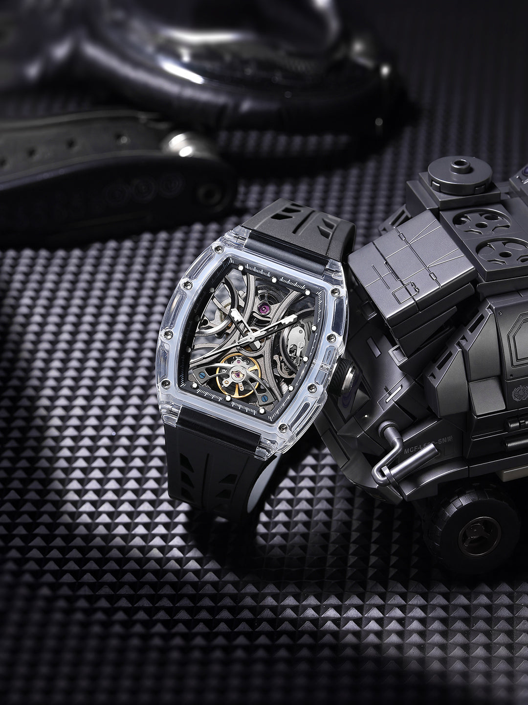 French Connection Stealth Series Limited Edition Men's Automatic Skeleton Watch with Crystal Black Dial, Transparent K9 Crystal Case & Black Silicone Strap - FCA47B