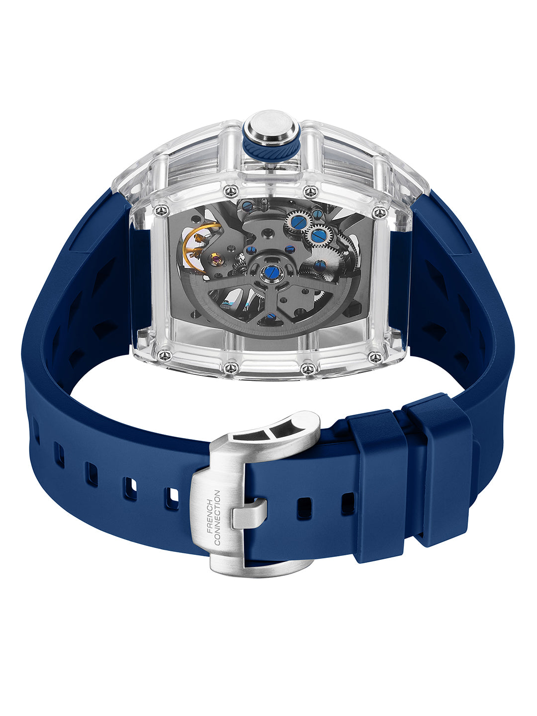 French Connection Stealth Series Limited Edition Men's Automatic Skeleton Watch with Crystal Dark Blue Dial, Transparent K9 Crystal Case & Dark Blue Silicone Strap - FCA47DU