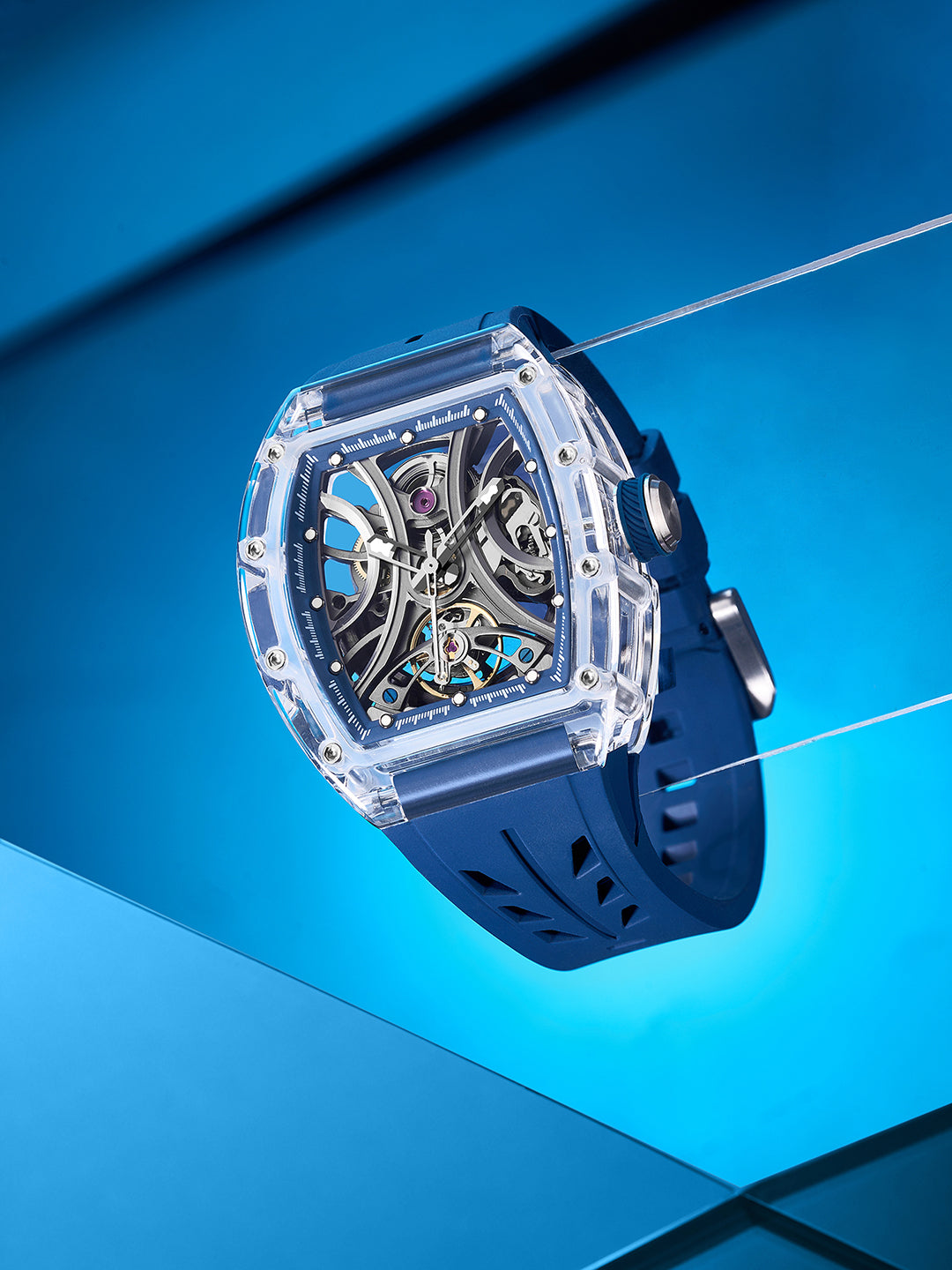 French Connection Stealth Series Limited Edition Men's Automatic Skeleton Watch with Crystal Dark Blue Dial, Transparent K9 Crystal Case & Dark Blue Silicone Strap - FCA47DU