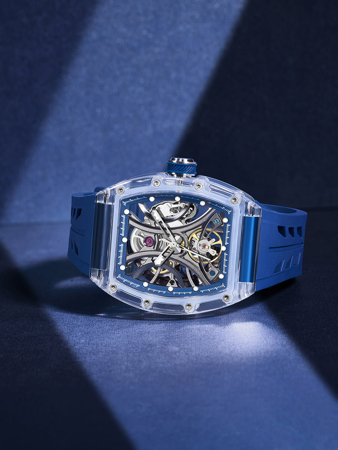 French Connection Stealth Series Limited Edition Men's Automatic Skeleton Watch with Crystal Dark Blue Dial, Transparent K9 Crystal Case & Dark Blue Silicone Strap - FCA47DU