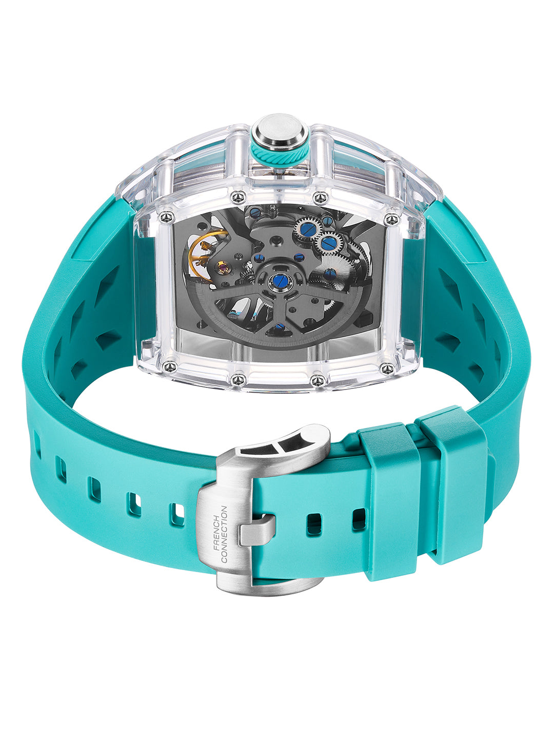 French Connection Stealth Series Limited Edition Men's Automatic Skeleton Watch with Crystal Tiffany Blue Dial, Transparent K9 Crystal Case & Tiffany Blue Silicone Strap - FCA47U