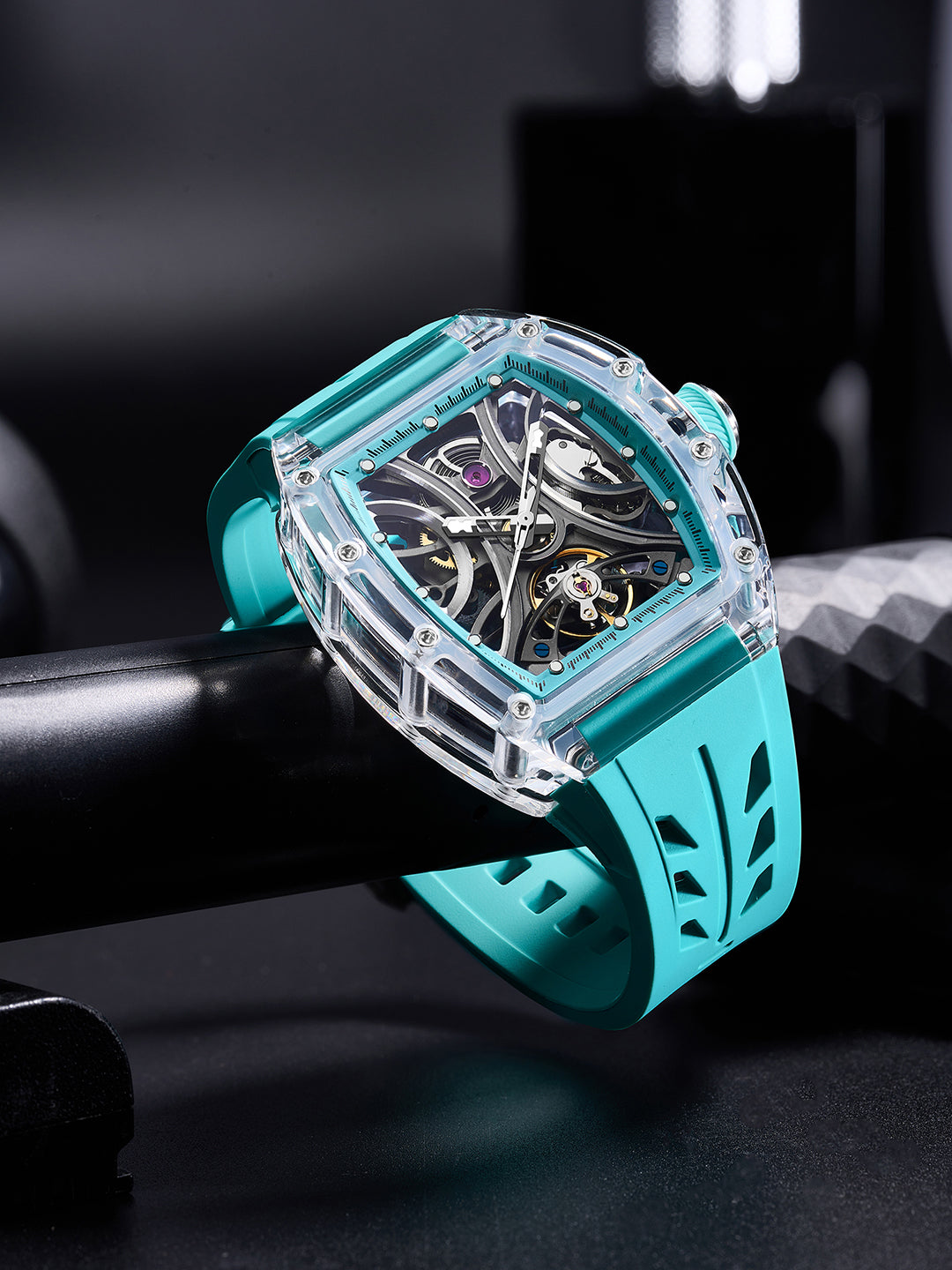 French Connection Stealth Series Limited Edition Men's Automatic Skeleton Watch with Crystal Tiffany Blue Dial, Transparent K9 Crystal Case & Tiffany Blue Silicone Strap - FCA47U