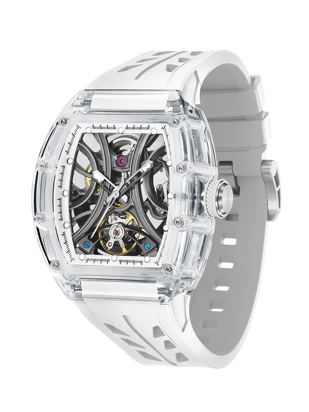 French Connection Stealth Series Limited Edition Men's Automatic Skeleton Watch with Crystal White Dial, Transparent K9 Crystal Case & White Silicone Strap - FCA47W