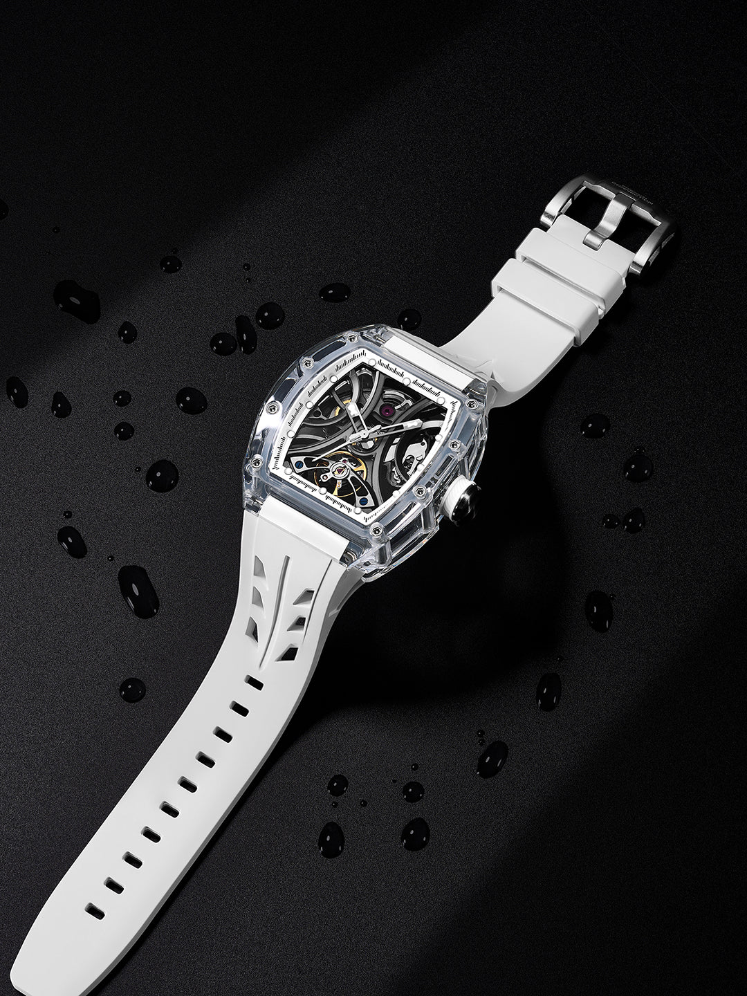 French Connection Stealth Series Limited Edition Men's Automatic Skeleton Watch with Crystal White Dial, Transparent K9 Crystal Case & White Silicone Strap - FCA47W