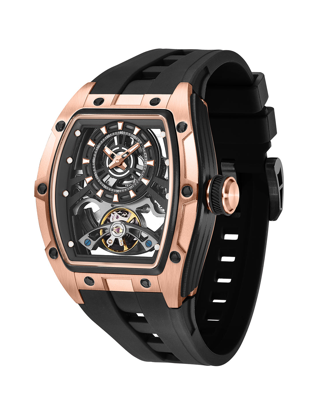 French Connection Stealth Series Limited Edition Men's Automatic Skeleton Watch with Black Skeleton Dial, Rose Gold & Black Stainless Steel Case & Black Silicone Strap - FCA48B