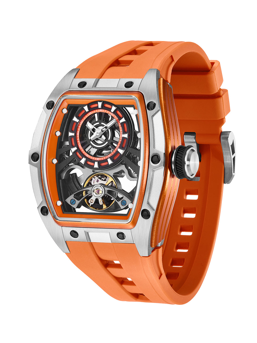 French Connection Stealth Series Limited Edition Men's Automatic Skeleton Watch with Orange Skeleton Dial, Silver Stainless Steel Case & Orange Silicone Strap - FCA48O