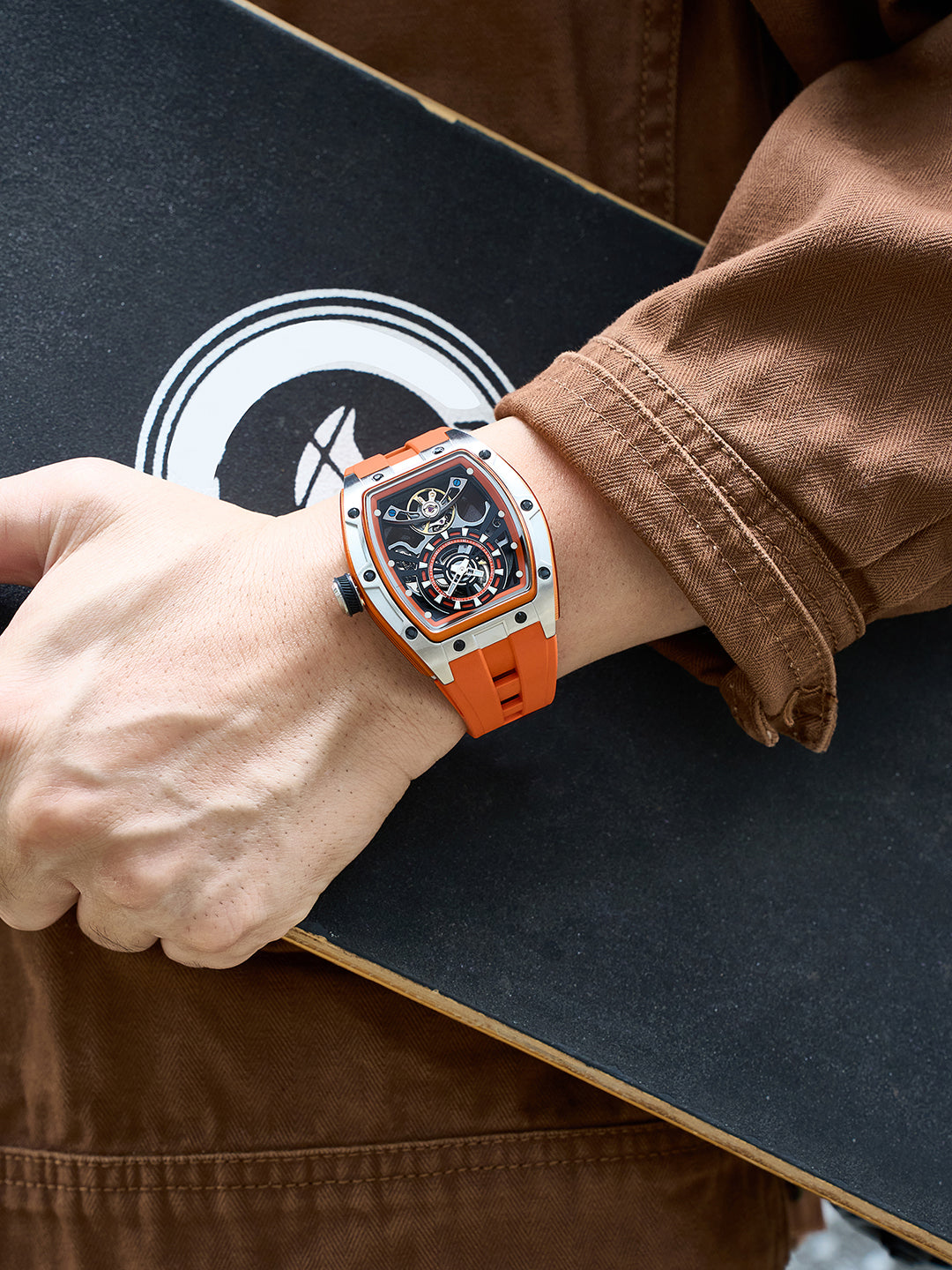 French Connection Stealth Series Limited Edition Men's Automatic Skeleton Watch with Orange Skeleton Dial, Silver Stainless Steel Case & Orange Silicone Strap - FCA48O