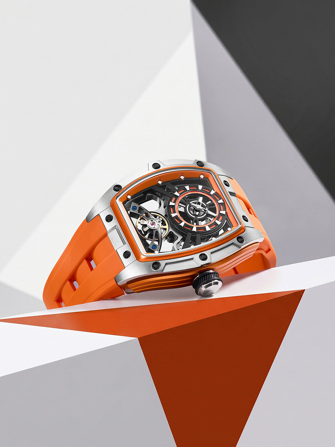 French Connection Stealth Series Limited Edition Men's Automatic Skeleton Watch with Orange Skeleton Dial, Silver Stainless Steel Case & Orange Silicone Strap - FCA48O