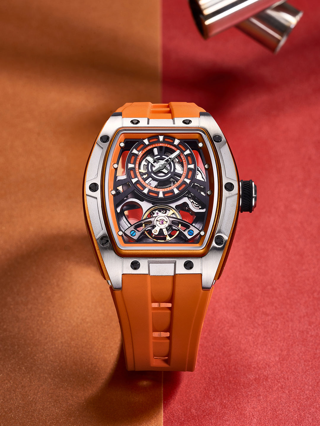 French Connection Stealth Series Limited Edition Men's Automatic Skeleton Watch with Orange Skeleton Dial, Silver Stainless Steel Case & Orange Silicone Strap - FCA48O