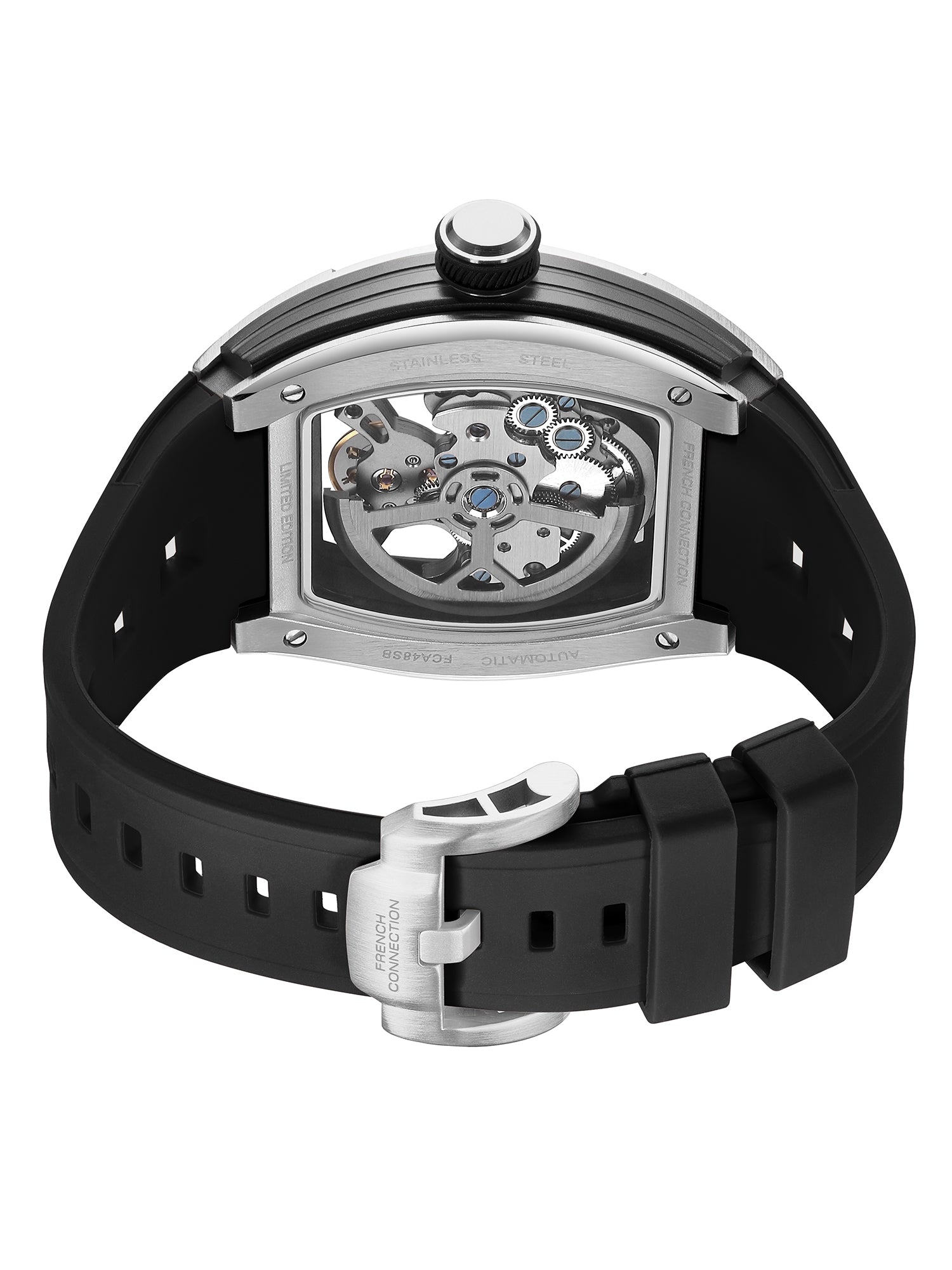 French Connection Stealth Series Limited Edition Men's Automatic Skeleton Watch with Black Skeleton Dial, Silver & Black Stainless Steel Case & Black Silicone Strap - FCA48SB