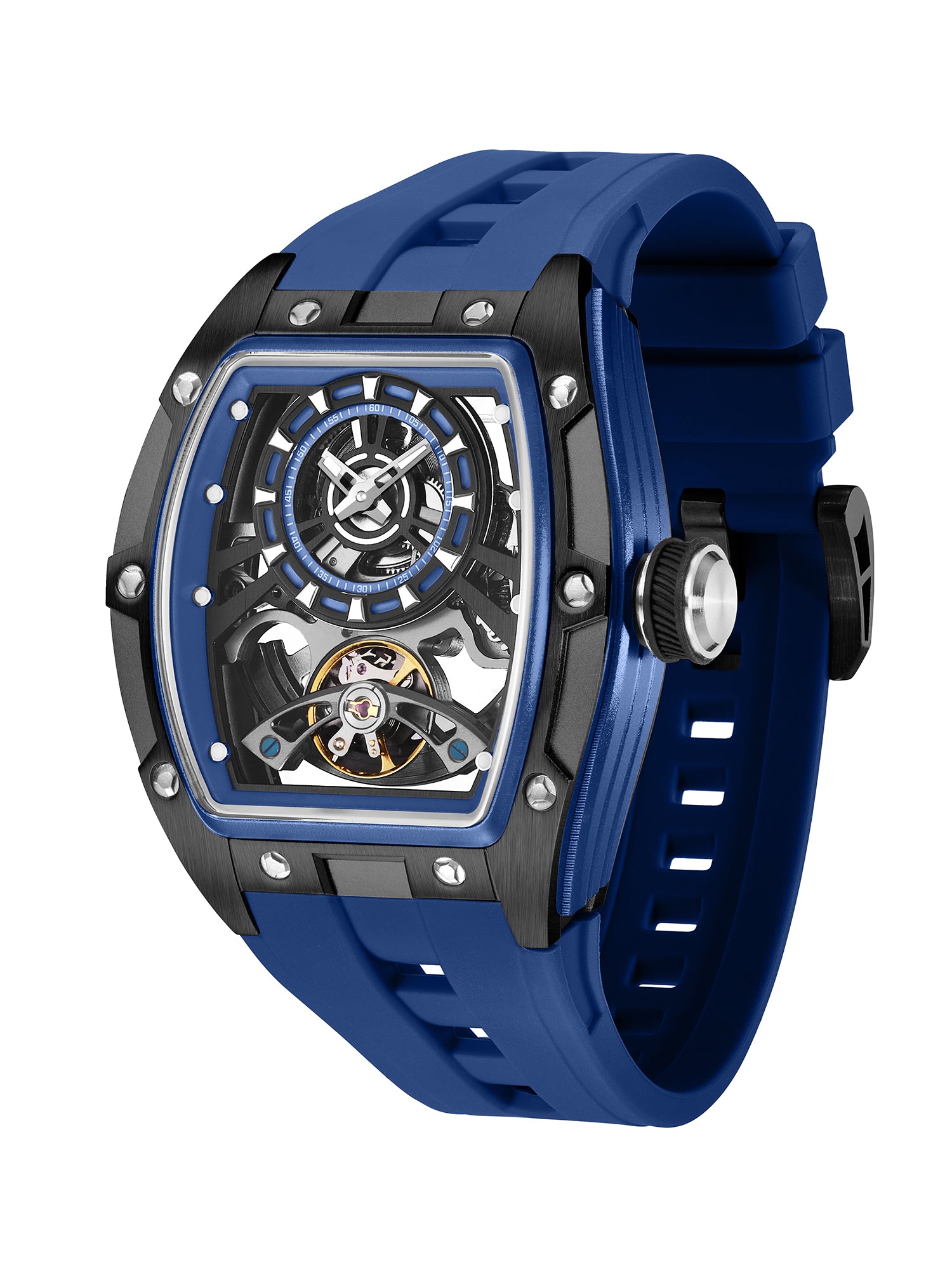 French Connection Stealth Series Limited Edition Men's Automatic Skeleton Watch with Blue Skeleton Dial, Silver Stainless Steel Case & Blue Silicone Strap - FCA48U