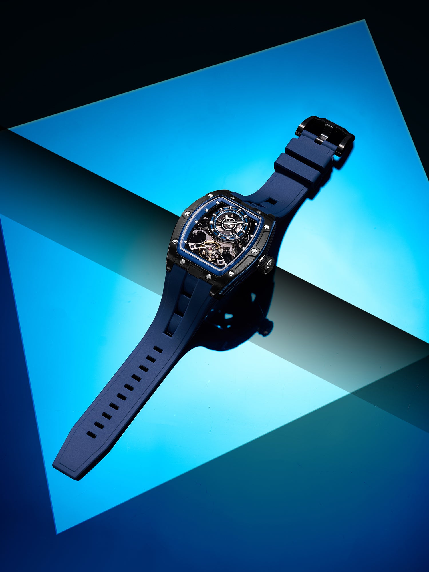 French Connection Stealth Series Limited Edition Men's Automatic Skeleton Watch with Blue Skeleton Dial, Silver Stainless Steel Case & Blue Silicone Strap - FCA48U