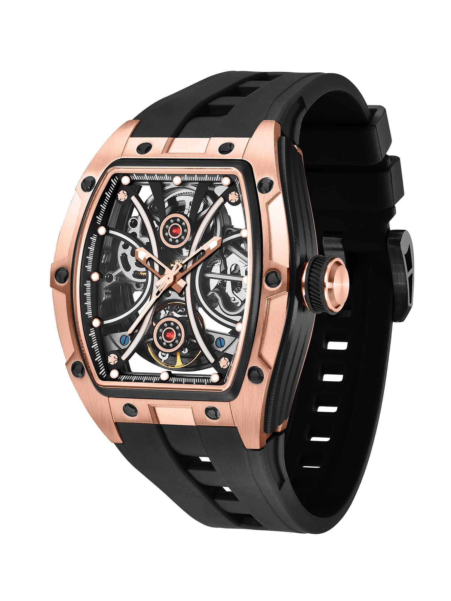 French Connection Stealth Series Limited Edition Men's Automatic Skeleton Watch with Black Skeleton Dial, Rose Gold Stainless Steel Case & Black Silicone Strap - FCA49B