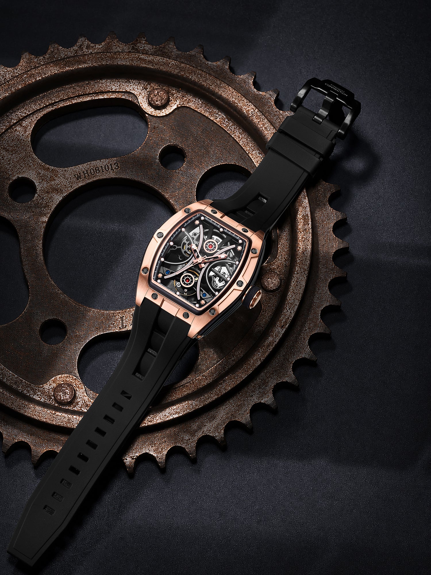 French Connection Stealth Series Limited Edition Men's Automatic Skeleton Watch with Black Skeleton Dial, Rose Gold Stainless Steel Case & Black Silicone Strap - FCA49B