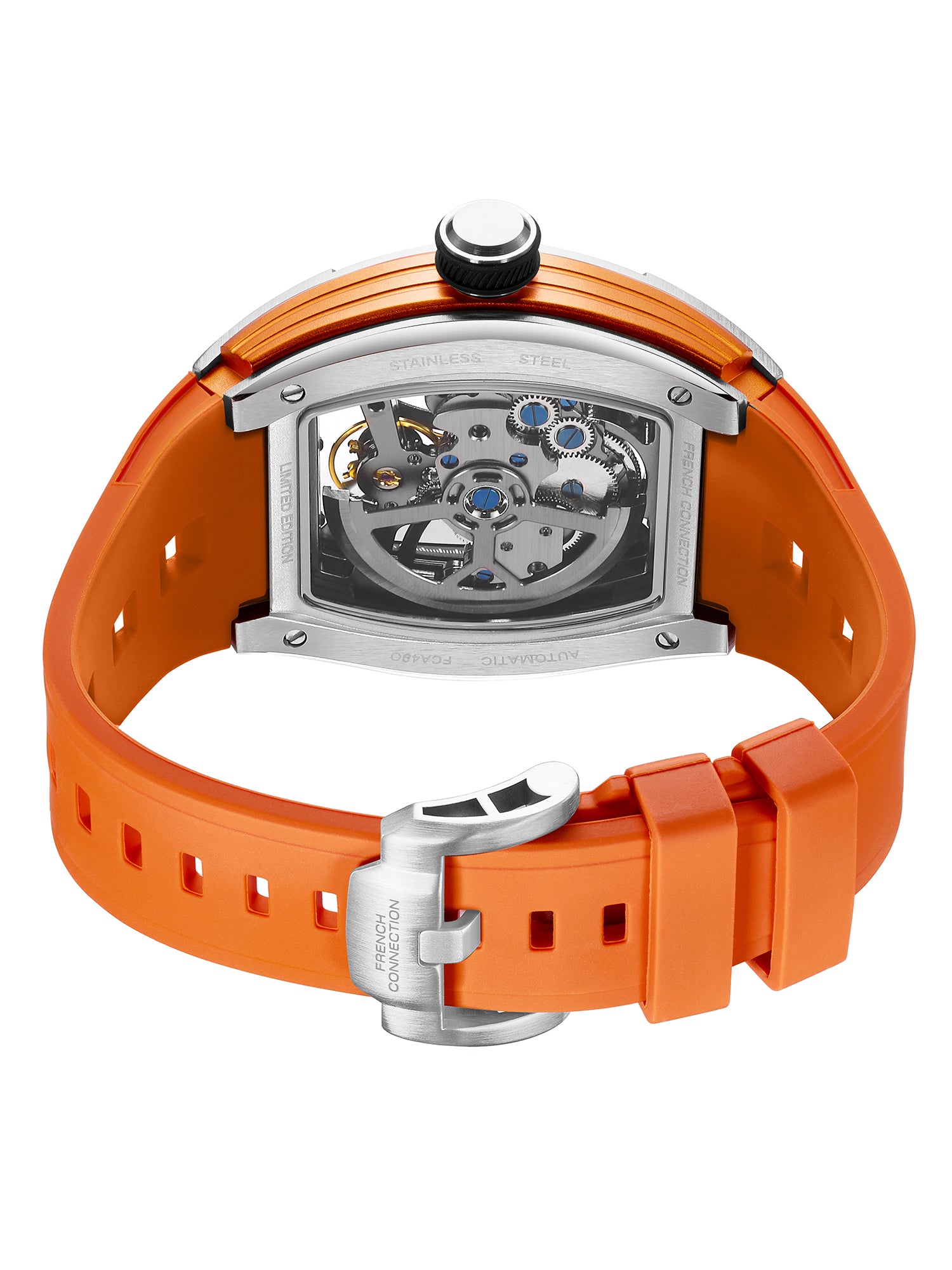 French Connection Stealth Series Limited Edition Men's Automatic Skeleton Watch with Orange Skeleton Dial, Silver Stainless Steel Case & Orange Silicone Strap - FCA49O