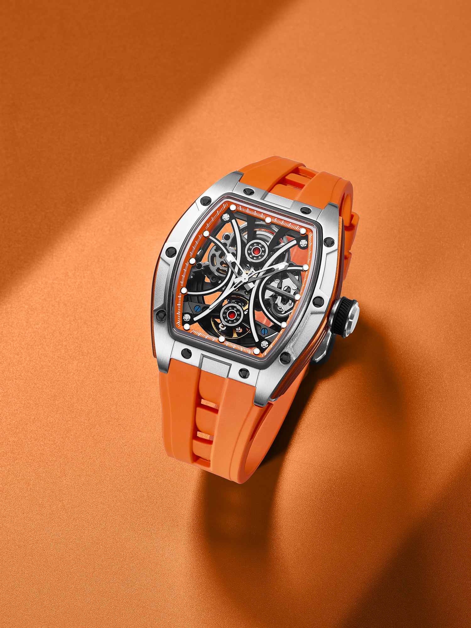 French Connection Stealth Series Limited Edition Men's Automatic Skeleton Watch with Orange Skeleton Dial, Silver Stainless Steel Case & Orange Silicone Strap - FCA49O