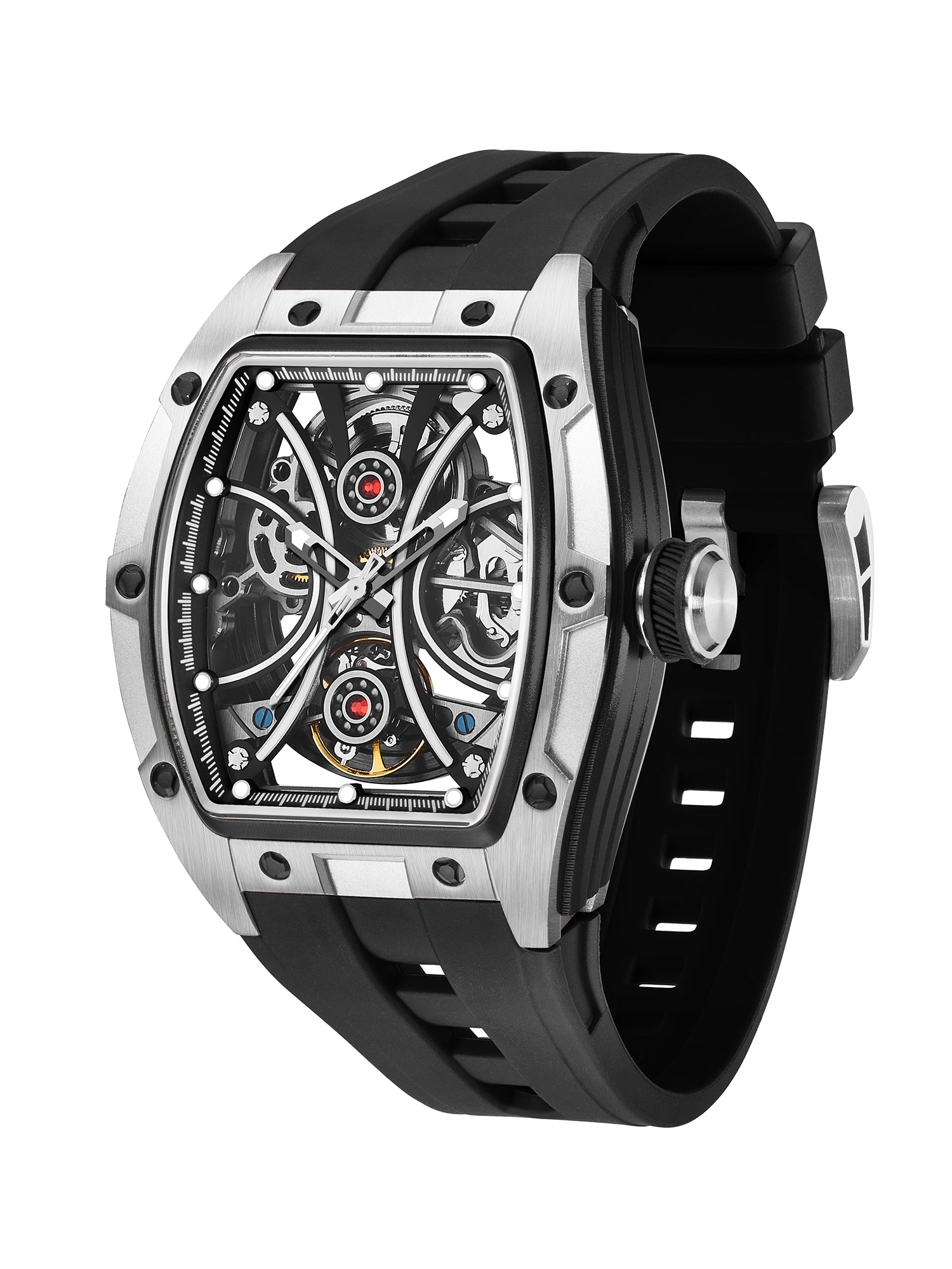 French Connection Stealth Series Limited Edition Men's Automatic Skeleton Watch with Black Skeleton Dial, Silver & Black Stainless Steel Case & Black Silicone Strap - FCA49SB
