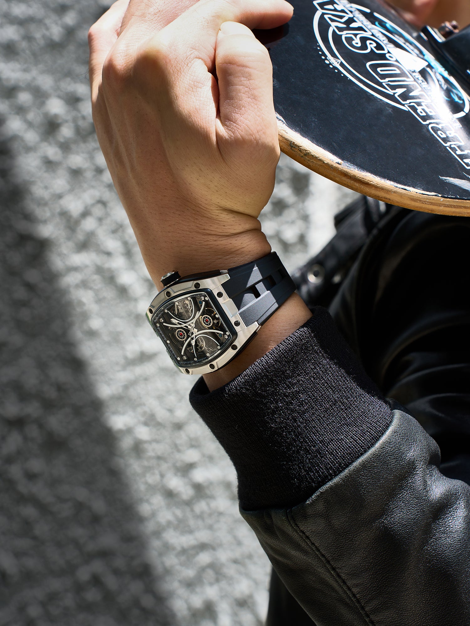 French Connection Stealth Series Limited Edition Men's Automatic Skeleton Watch with Black Skeleton Dial, Silver & Black Stainless Steel Case & Black Silicone Strap - FCA49SB