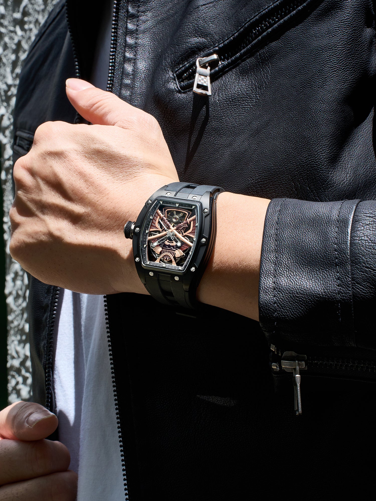 French Connection Stealth Series Limited Edition Men's Automatic Skeleton Watch with Black Skeleton Dial, Black PVD Stainless Steel Case & Black Silicone Strap - FCA50BB