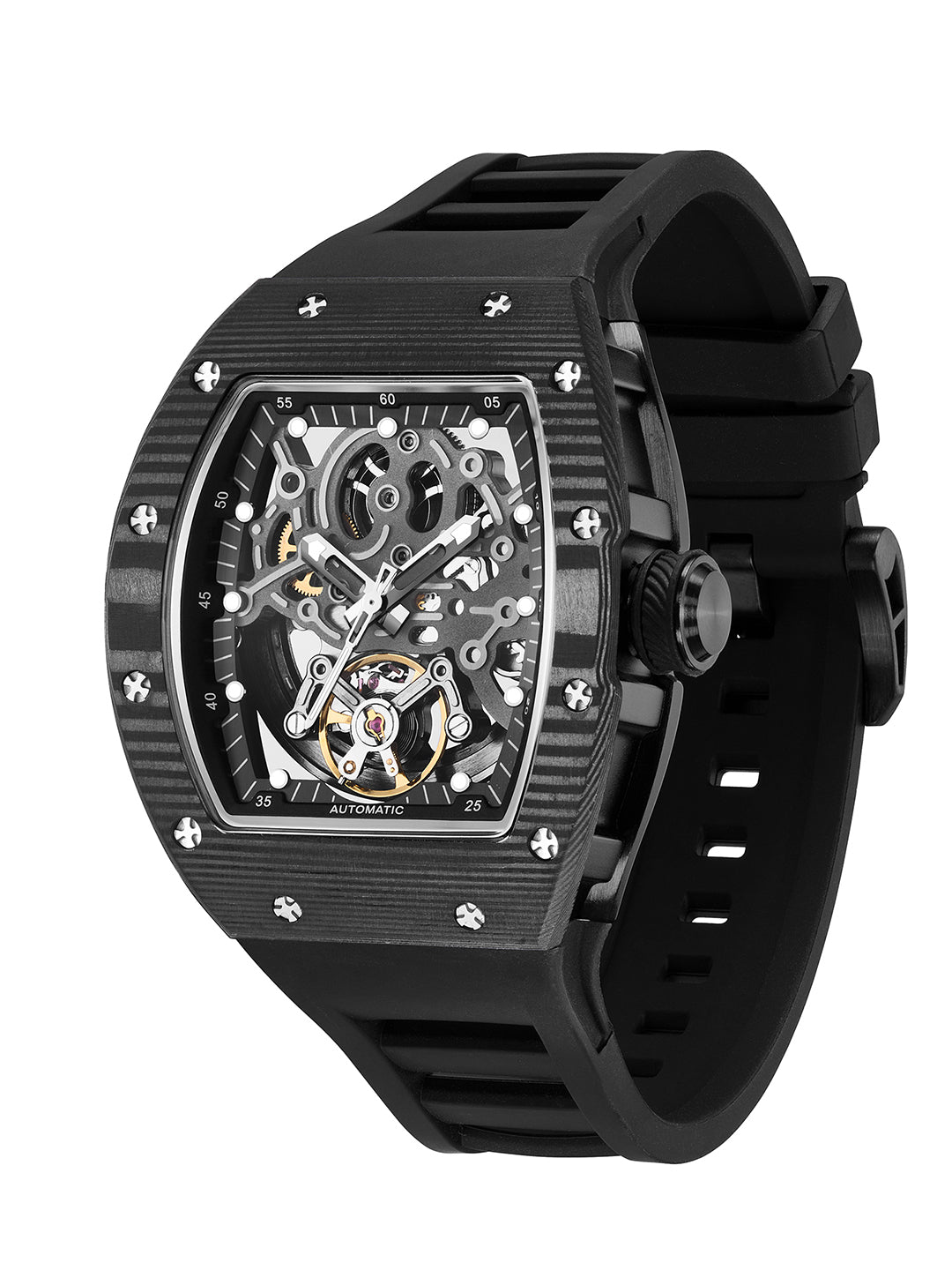 French Connection Stealth Series Limited Edition Men's Automatic Skeleton Watch β Carbon Fibre Edition with Black Skeleton Dial, Black Stainless Steel Case & Black Silicone Strap β FCA51B