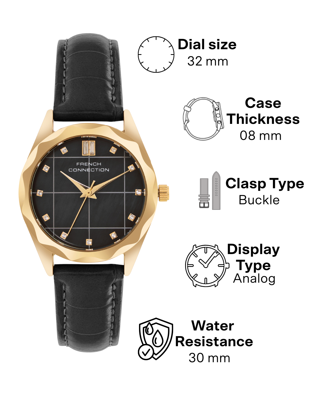 French Connection Black Dial Analog Watch for Women's - FCB11BL